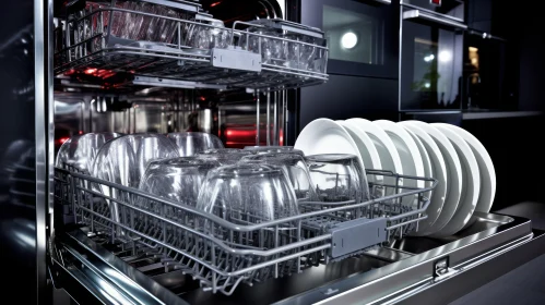 Efficient Stainless Steel Dishwasher with Organized Dishes AI Image