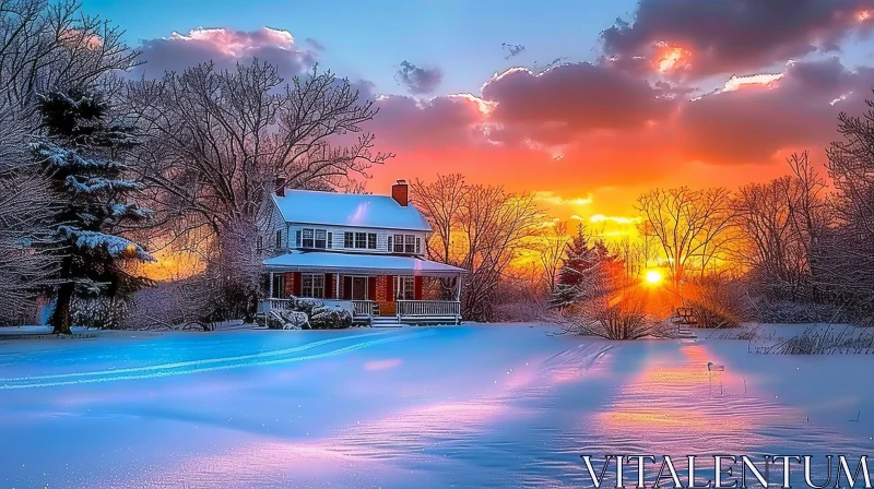 Winter Landscape with White House and Snow-Covered Trees AI Image