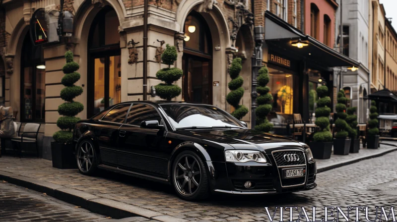 Luxurious Black Audi Parked on Cobblestoned Street AI Image