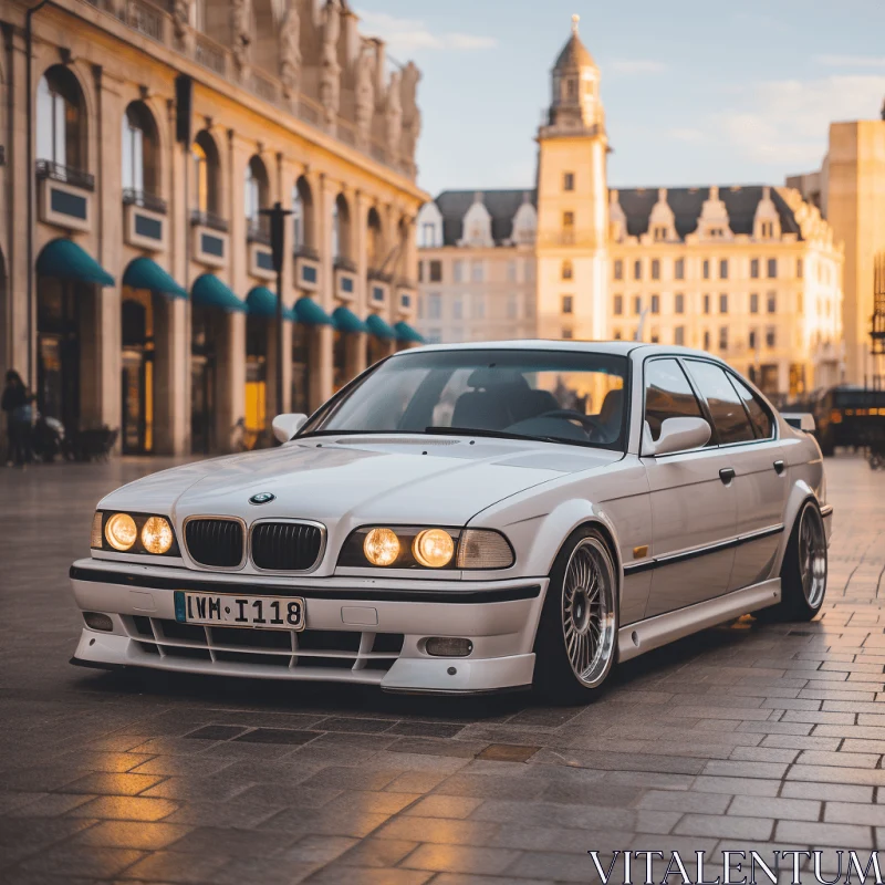 White BMW Sedan in an Old City: Detailed Atmospheric Portraits AI Image