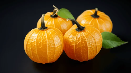 Captivating Pumpkins with Green Leaves on Black Background