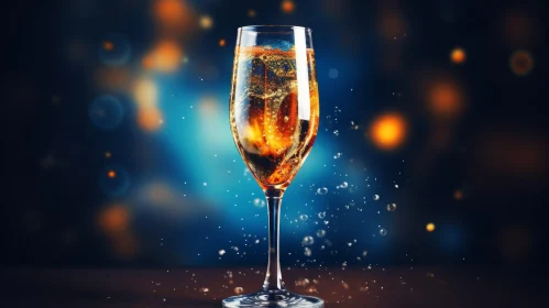 Golden Champagne Glass on Dark Blue Background