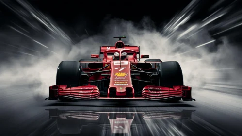 Red Formula 1 Car Speeding Through Smoke