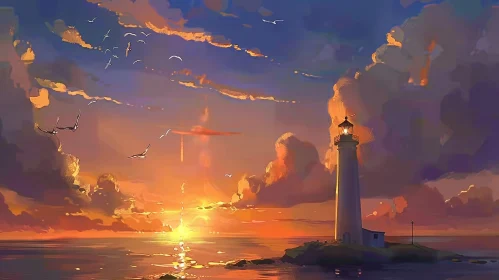 Lighthouse Sunset Painting - Serene Ocean Scene