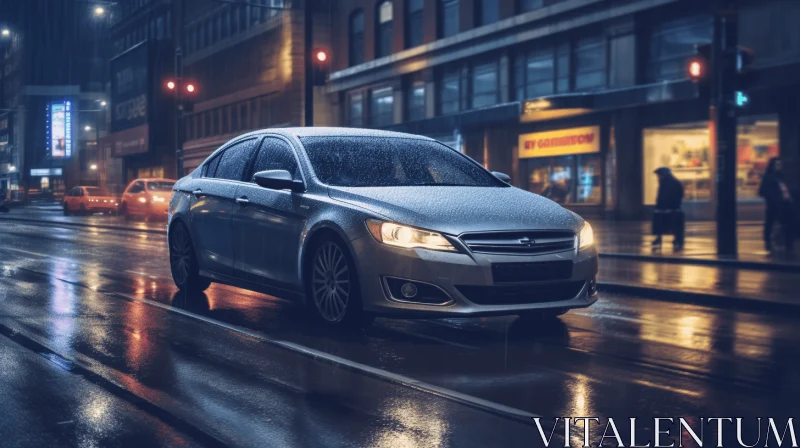 Silver Car on Rainy City Street at Night | Vray Tracing | UHD Image AI Image