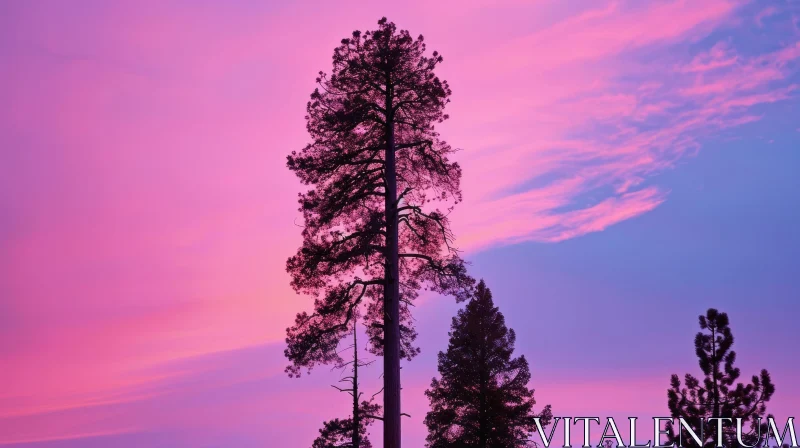 Tranquil Sunset Landscape with Pine Tree AI Image