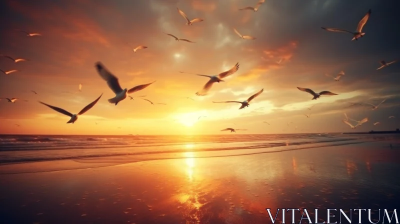Breathtaking Sunset Over the Ocean - Seagulls and Vibrant Colors AI Image