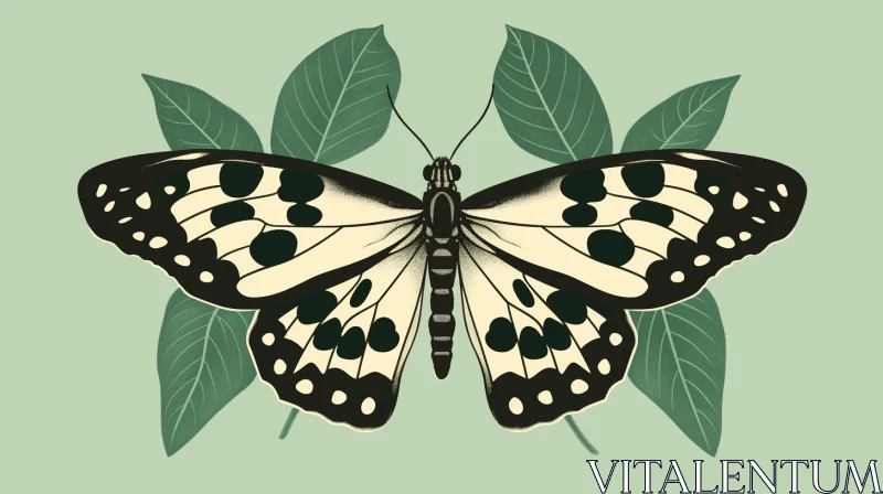 Mid-Century Style Butterfly on Green Leaves Illustration AI Image