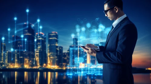 Businessman with Futuristic Tablet in Night Cityscape