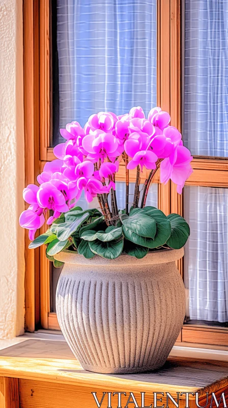Pink Flower Pot on Window Sill in Vibrant Violet Hue AI Image