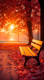 Tranquil Fall Scene: Park Bench under Vibrant Tree at Sunset