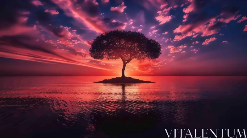 Tranquil Nature Scene: Solitary Tree on Island at Sunset AI Image