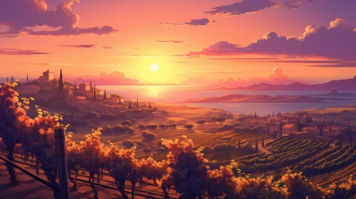 Tranquil Vineyard Sunset Landscape