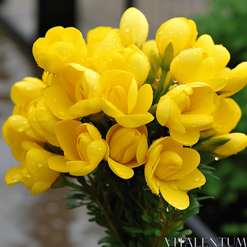 Yellow Flowers with Water Droplets in a Monochromatic Scheme AI Image