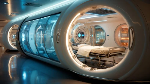 Futuristic Hospital Room with Patient in Glass Cylinder