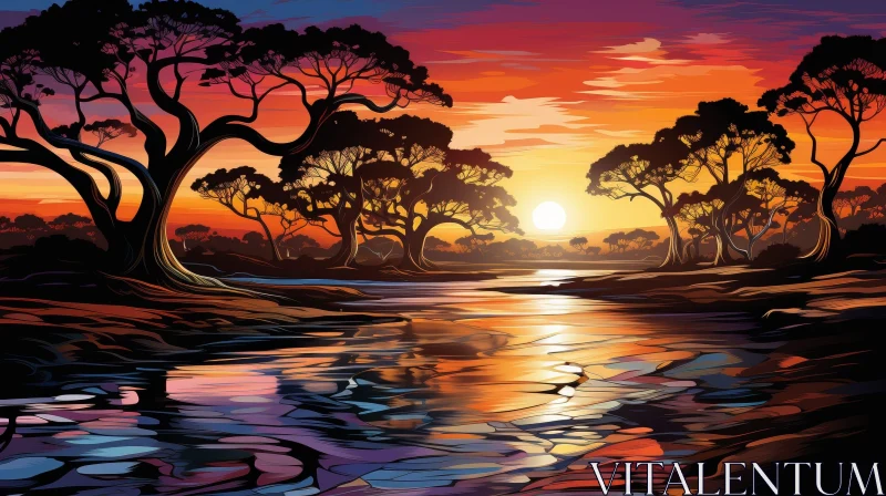 Tranquil African Landscape with River and Tree AI Image