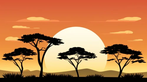 Tranquil African Savannah Sunset with Trees