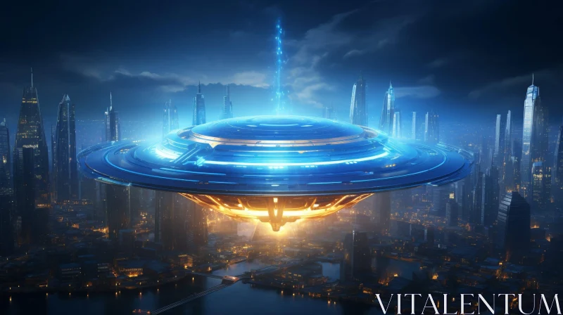 Futuristic City Night Digital Art UFO AI Image
