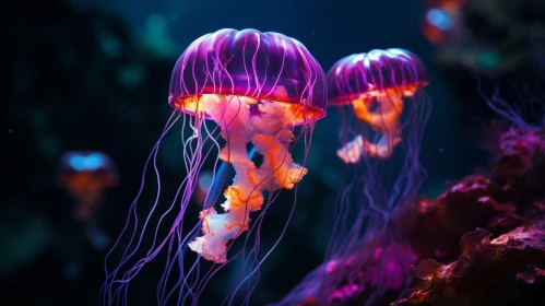 Glowing Jellyfish in Dark Ocean Waters AI Image