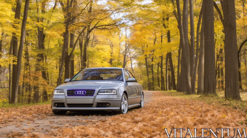 Silver Audi A8 Parked on Roadway with Fall Leaves | Romantic and Realistic Style AI Image