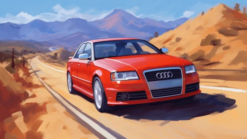 Captivating Artwork: Red Car Driving with Majestic Mountains