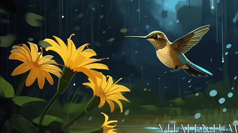 Hummingbird in Rain: A Lively Illustration in 2D Game Art AI Image