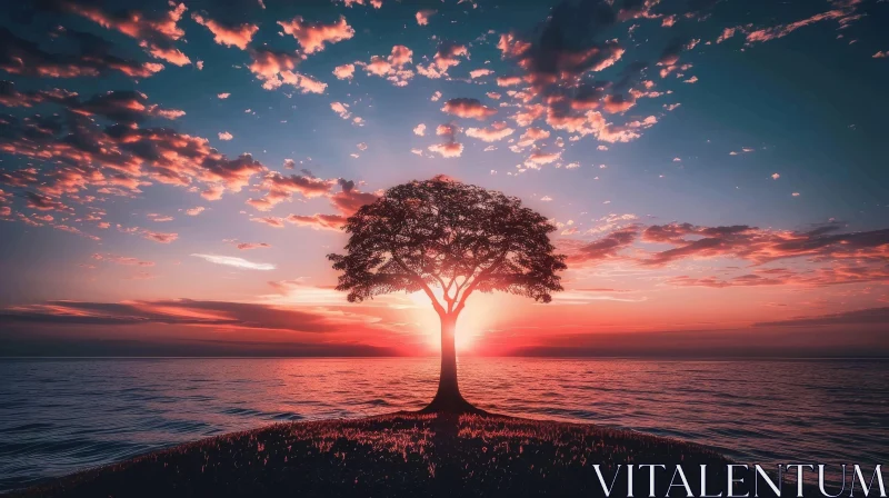 Serene Sunset: Majestic Tree on Island in Lake AI Image