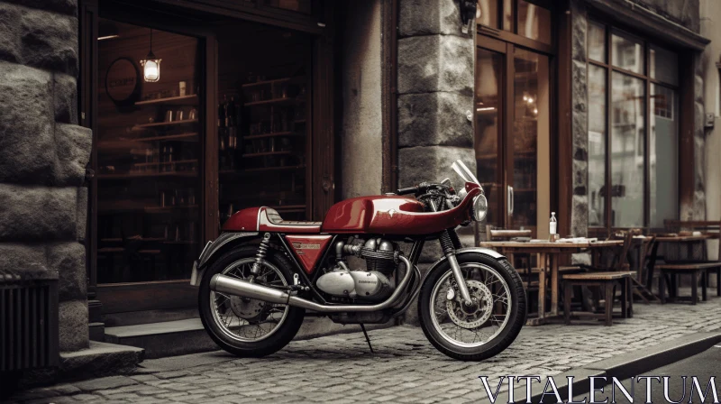 Vintage Motorcycle Parked Outside Building - Dark Red Atmosphere AI Image