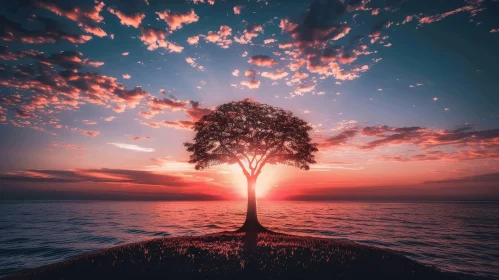 Serene Sunset: Majestic Tree on Island in Lake