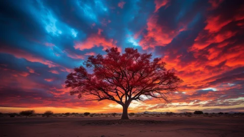 Ancient Tree Silhouetted Against Desert Sunset