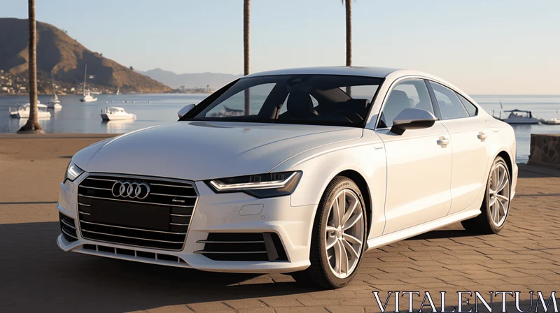 Captivating White Audi Parked Next to the Ocean - Dimensional Layering and Sumatraism AI Image