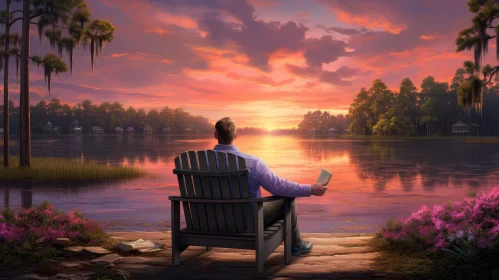 Tranquil Lake Sunset with Reading Man