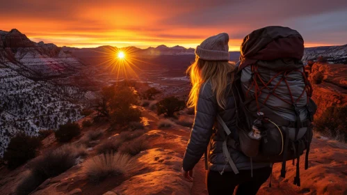 Mountain Sunrise Landscape with Woman