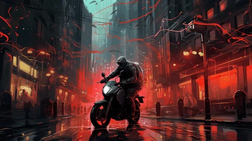 Motorcycle Man on Dark Urban Street: Vibrant Illustrations in Red and Cyan