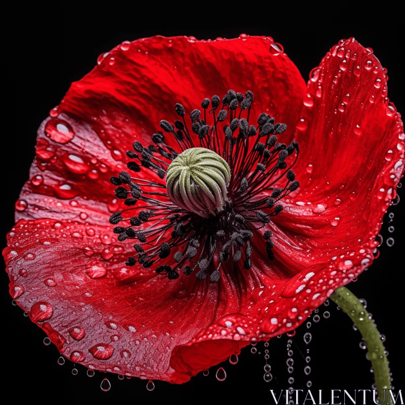 Red Poppy Adorned with Water Drops - Matte Photo Realism AI Image