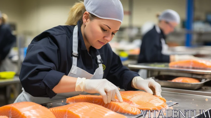 Woman Filleting Salmon in Fish Factory AI Image