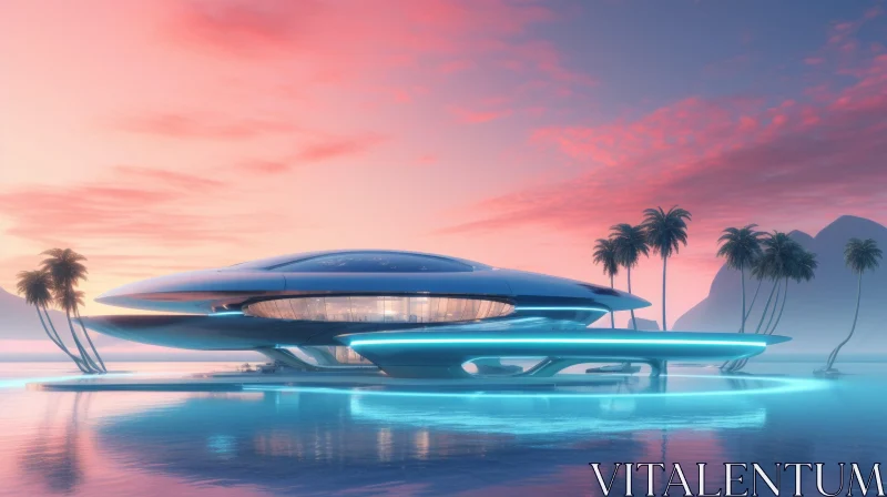 AI ART Futuristic Oval-Shaped House on Water with Palm Trees