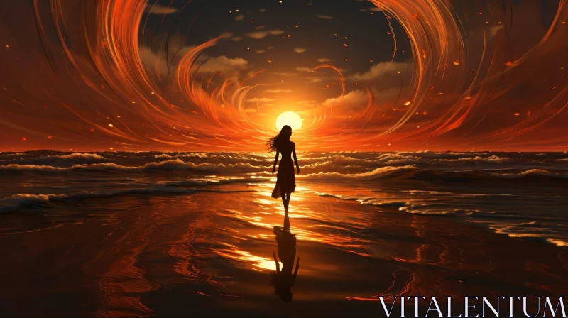 Tranquil Sunset Over Ocean with Woman on Beach AI Image