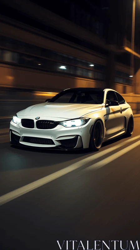 White BMW M4 Car Driving at Night | Portraiture Iconography AI Image