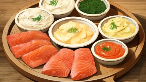 Delicious Salmon and Various Sauces on Wooden Plate