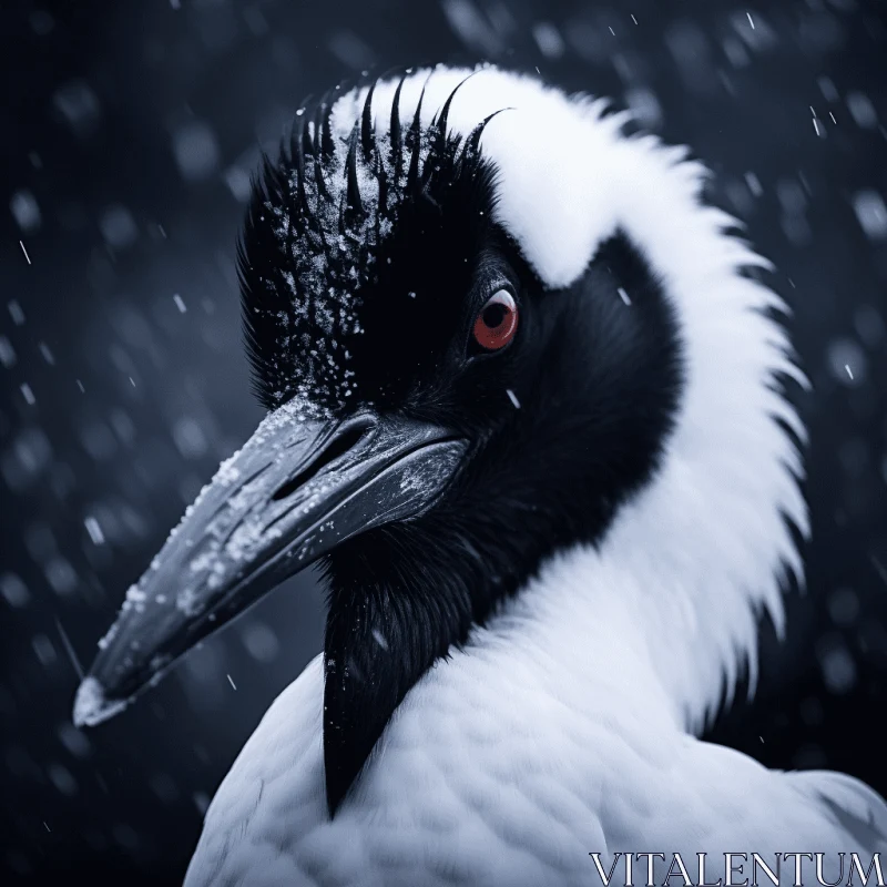 Exotic Black and White Bird Amid Snowfall - A Timeless Portrait AI Image