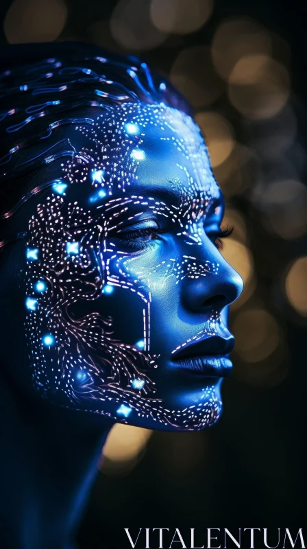 AI ART Glowing Blue Circuitry Portrait - Mystery Woman