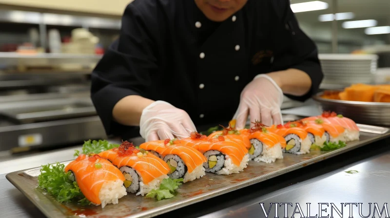 Chef preparing sushi with salmon AI Image