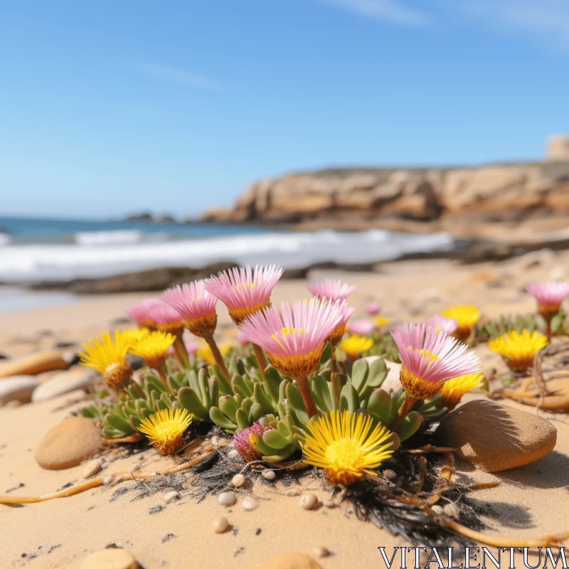 Lively Coastal Landscapes: Pink and Yellow Flowers in Sunlight AI Image