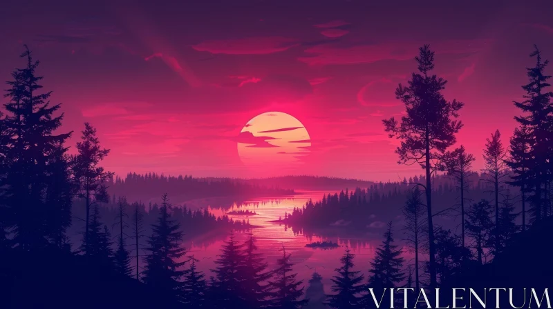 AI ART Tranquil Forest Sunset Landscape