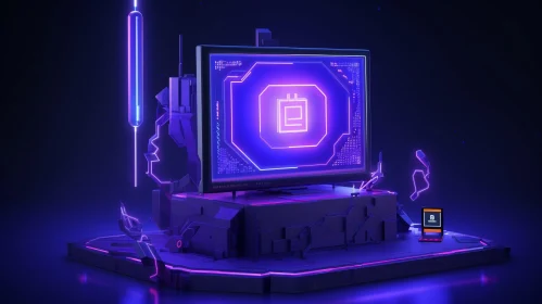 Futuristic 3D Illustration of Computer Monitor and Smartphone with Neon Symbol