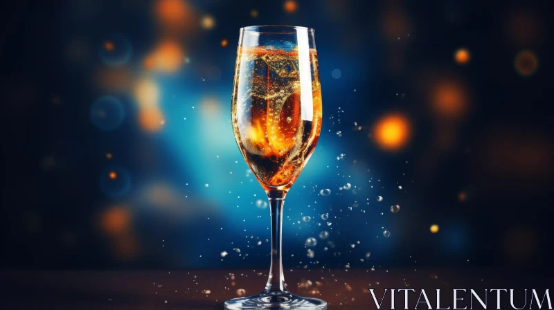 Golden Champagne Glass on Dark Blue Background AI Image
