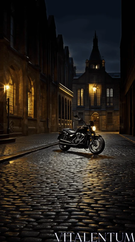 Industrial Elegance: Intense Lighting Motorcycle on Cobblestone Street AI Image