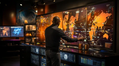 Man Engaged with Data Visualization Wall