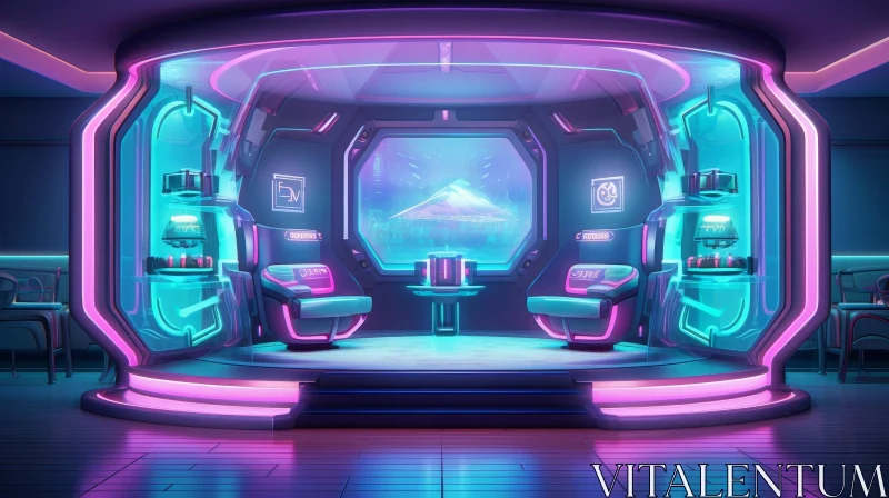 AI ART Modern Futuristic 3D Room with Neon Lights and City View